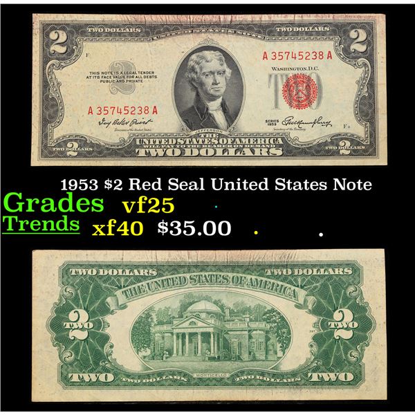 1953 $2 Red Seal United States Note Grades vf+