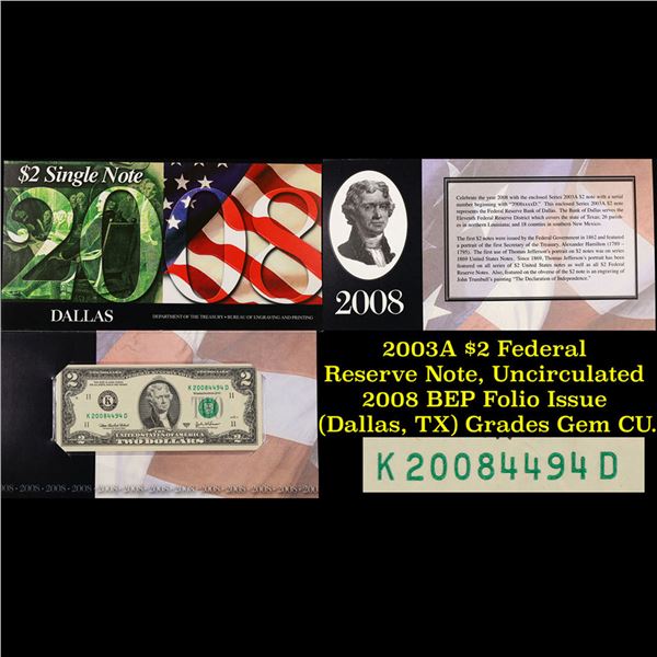 2003A $2 Federal Reserve Note, Uncirculated 2008 BEP Folio Issue (Dallas, TX) Grades Gem CU