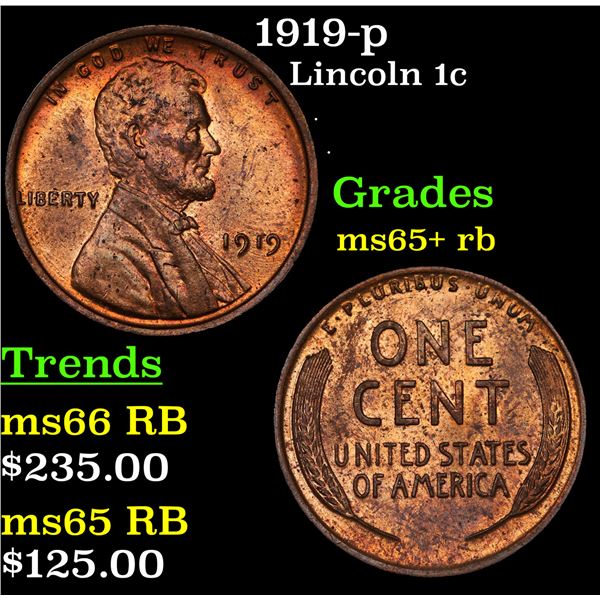 1919-p Lincoln Cent 1c Grades Gem+ Unc RB