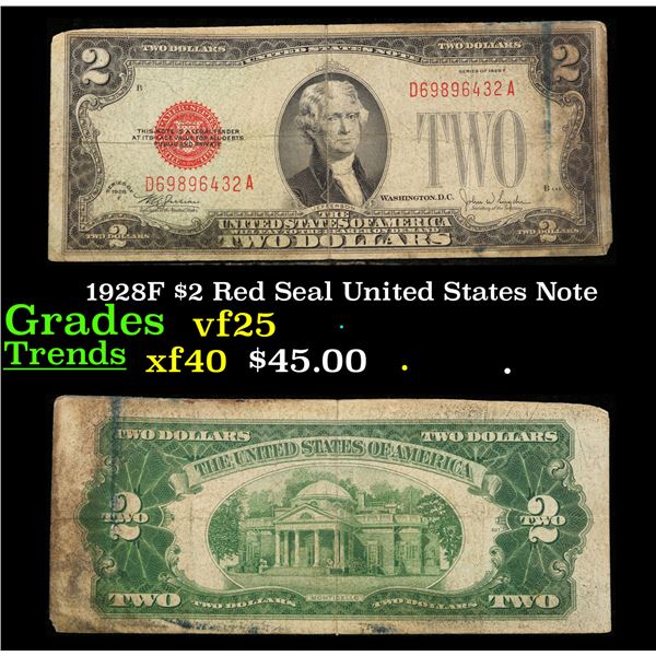 1928F $2 Red Seal United States Note Grades vf+