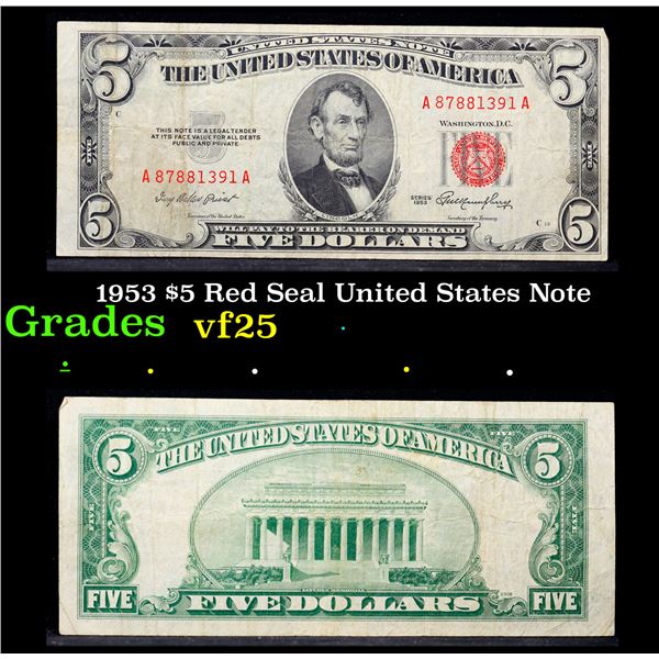 1953 $5 Red Seal United States Note Grades vf+