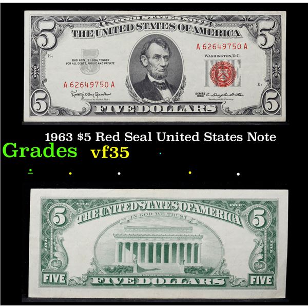 1963 $5 Red Seal United States Note Grades vf++