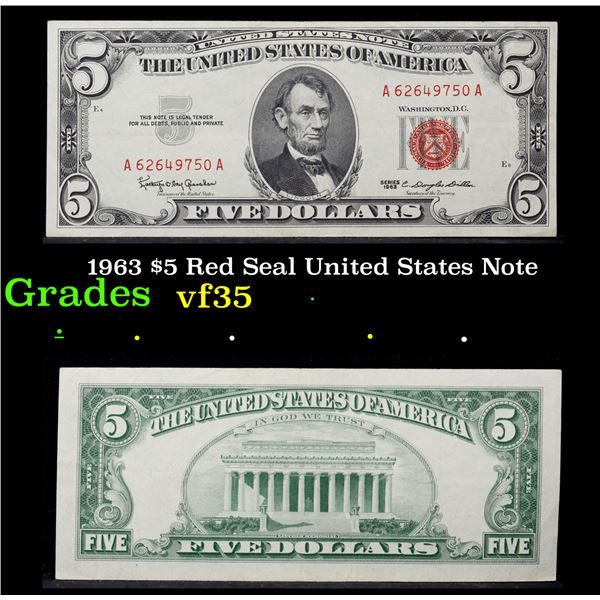 1963 $5 Red Seal United States Note Grades vf++