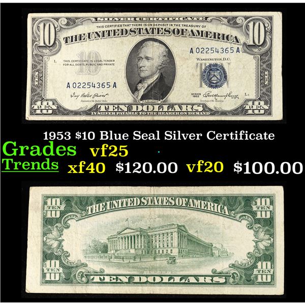 1953 $10 Blue Seal Silver Certificate Grades vf+