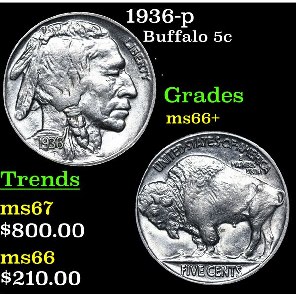 1936-p Buffalo Nickel 5c Grades GEM++ Unc