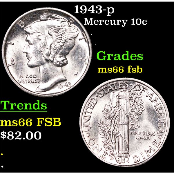 1943-p Mercury Dime 10c Grades GEM+ FSB