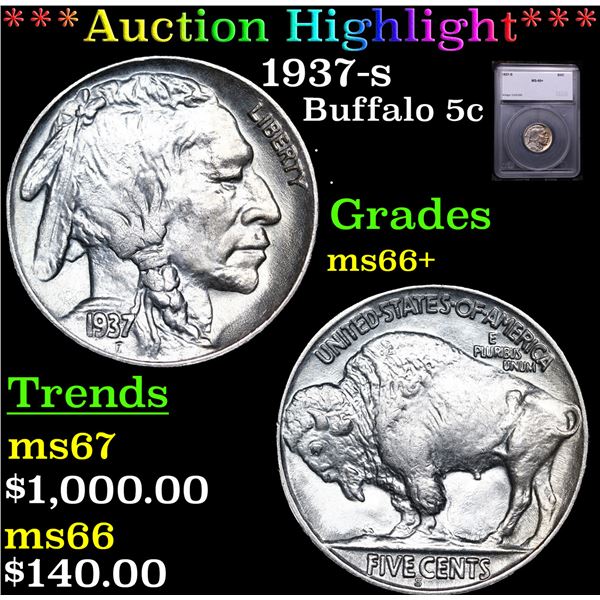***Auction Highlight*** 1937-s Buffalo Nickel 5c Graded ms66+ By SEGS (fc)