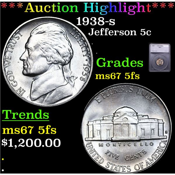 ***Auction Highlight*** 1938-s Jefferson Nickel 5c Graded ms67 5fs By SEGS (fc)