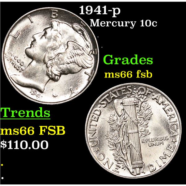 1941-p Mercury Dime 10c Grades GEM+ FSB