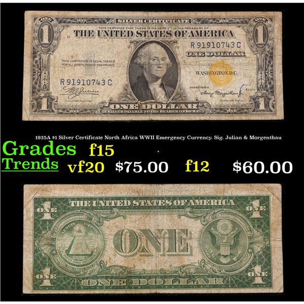 1935A $1 Silver Certificate North Africa WWII Emergency Currency. Sig. Julian & Morgenthau Grades f+