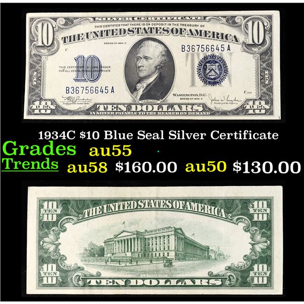 1934C $10 Blue Seal Silver Certificate Grades Choice AU