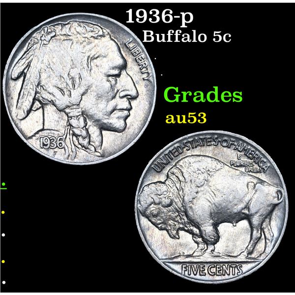1936-p Buffalo Nickel 5c Grades Select AU