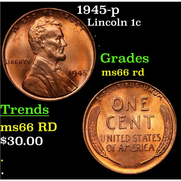 1945-p Lincoln Cent 1c Grades GEM+ Unc RD