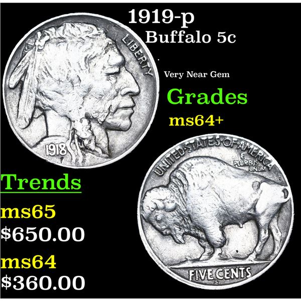 1919-p Buffalo Nickel 5c Grades Choice+ Unc