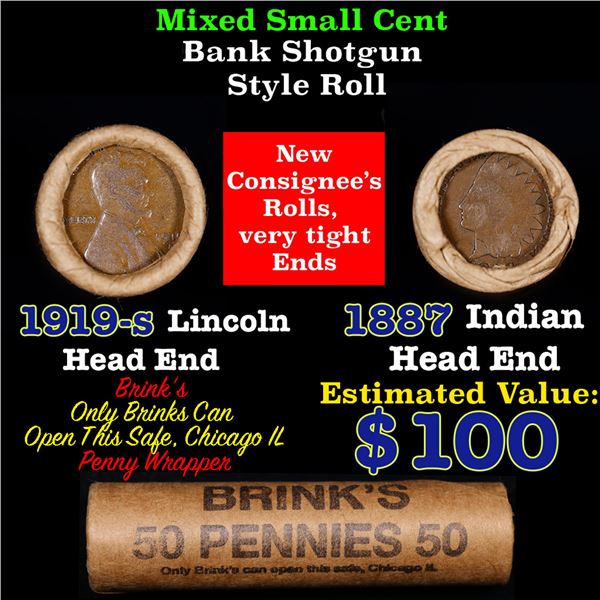 Mixed small cents 1c orig shotgun roll, 1919-S Wheat Cent, 1887 Indian Cent other end, Brinks Wrappe