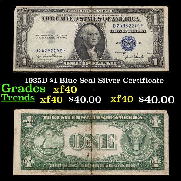 1935D $1 Blue Seal Silver Certificate Grades xf