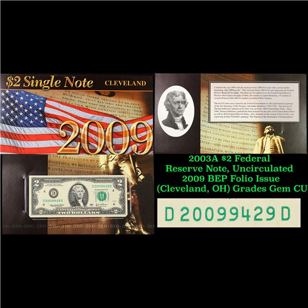 2003A $2 Federal Reserve Note, Uncirculated 2009 BEP Folio Issue (Cleveland, OH) Grades Gem CU