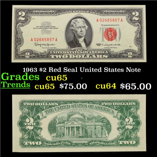 1963 $2 Red Seal United States Note Grades Gem CU