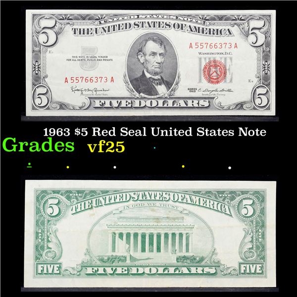 1963 $5 Red Seal United States Note Grades vf+
