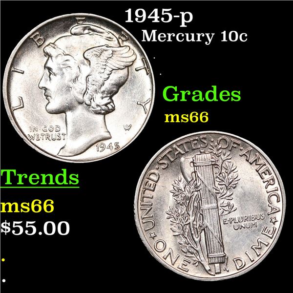 1945-p Mercury Dime 10c Grades GEM+ Unc