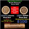 Image 1 : Mixed small cents 1c orig shotgun roll, 1919-D Wheat Cent, 1897 Indian Cent other end, Brinks Wrappe