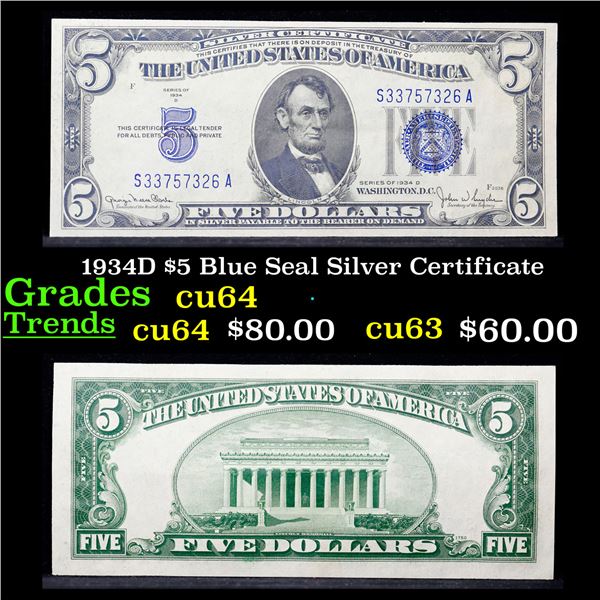 1934D $5 Blue Seal Silver Certificate Grades Choice CU
