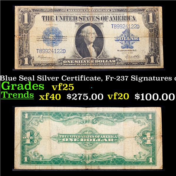 1923 $1 Large Size Blue Seal Silver Certificate, Fr-237 Signatures of Speelman & White Grades vf+