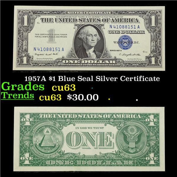 1957A $1 Blue Seal Silver Certificate Grades Select CU