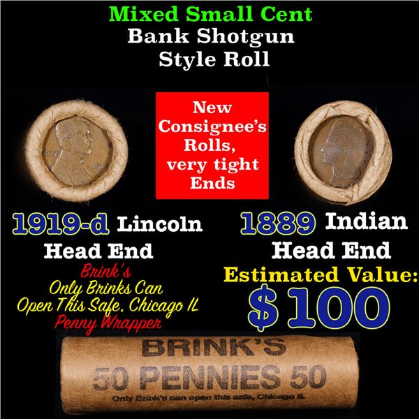 Mixed small cents 1c orig shotgun roll, 1919-D Wheat Cent, 1889 Indian Cent other end, Brinks Wrappe