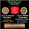Image 1 : Mixed small cents 1c orig shotgun roll, 1919-D Wheat Cent, 1889 Indian Cent other end, Brinks Wrappe