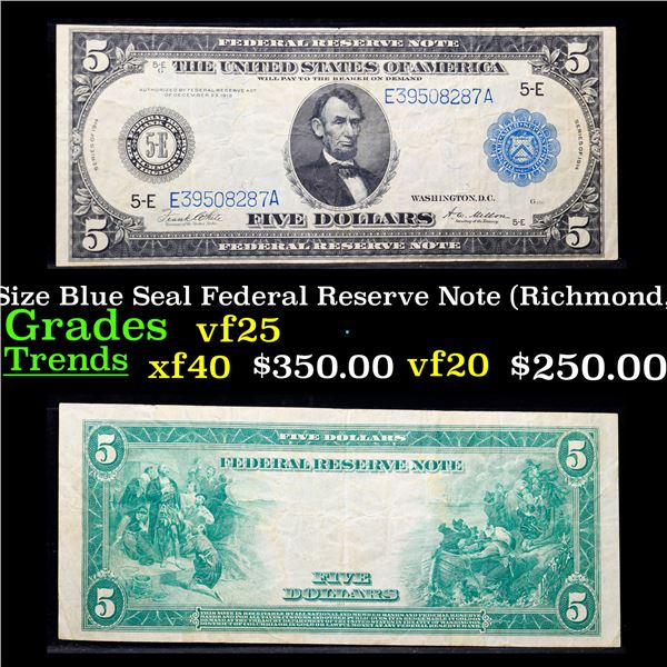 1914 $5 Large Size Blue Seal Federal Reserve Note (Richmond, VA) 5-E Fr-863A Grades vf+