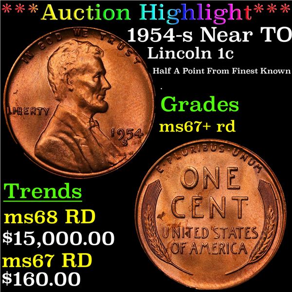 ***Auction Highlight*** 1954-s Lincoln Cent Near TOP POP! 1c Graded ms67+ rd By SEGS (fc)