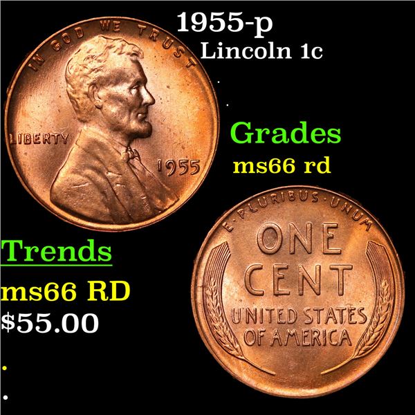1955-p Lincoln Cent 1c Grades GEM+ Unc RD