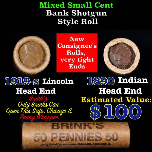 Mixed small cents 1c orig shotgun roll, 1919-S Wheat Cent, 1890 Indian Cent other end, Brinks Wrappe