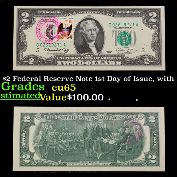 1976 $2 Federal Reserve Note 1st Day of Issue, with Stamp Grades Gem CU