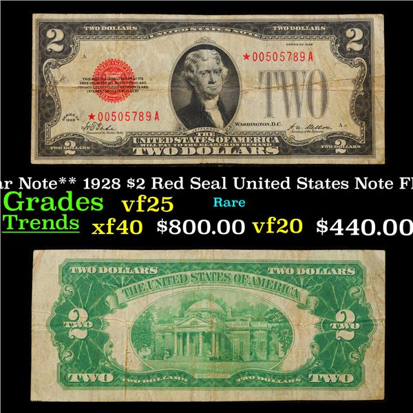 **Star Note** 1928 $2 Red Seal United States Note FR-1501* Grades vf+