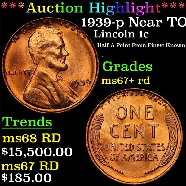 ***Auction Highlight*** 1939-p Lincoln Cent Near TOP POP! 1c Graded ms67+ rd By SEGS (fc)