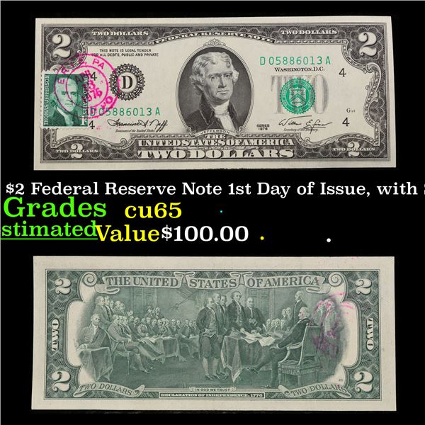 1976 $2 Federal Reserve Note 1st Day of Issue, with Stamp Grades Gem CU