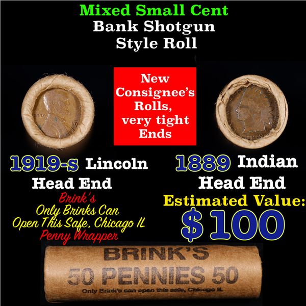 Mixed small cents 1c orig shotgun roll, 1919-S Wheat Cent, 1889 Indian Cent other end, Brinks Wrappe