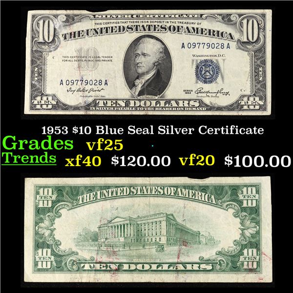 1953 $10 Blue Seal Silver Certificate Grades vf+