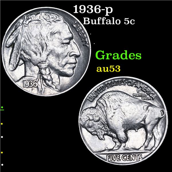 1936-p Buffalo Nickel 5c Grades Select AU