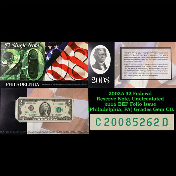 2003A $2 Federal Reserve Note, Uncirculated 2008 BEP Folio Issue (Philadelphia, PA) Grades Gem CU