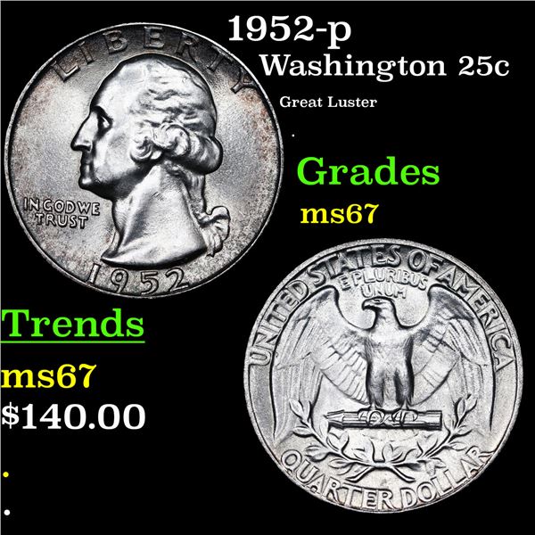 1952-p Washington Quarter 25c Grades GEM++ Unc