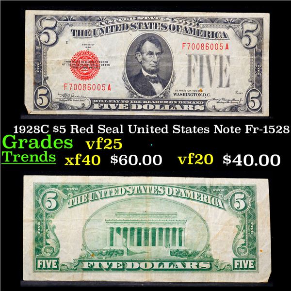 1928C $5 Red Seal United States Note Fr-1528 Grades vf+