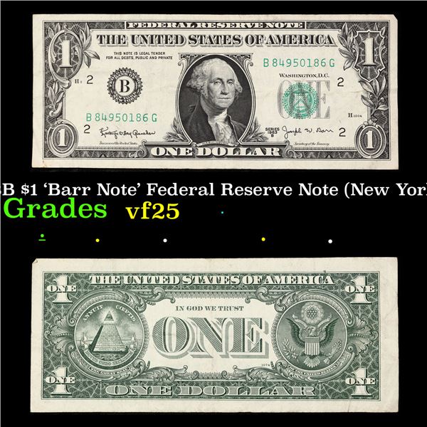 1963B $1 'Barr Note' Federal Reserve Note (New York, NY) Grades vf+