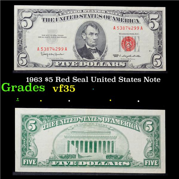 1963 $5 Red Seal United States Note Grades vf++
