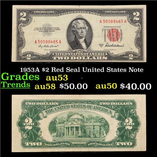 1953A $2 Red Seal United States Note Grades Select AU