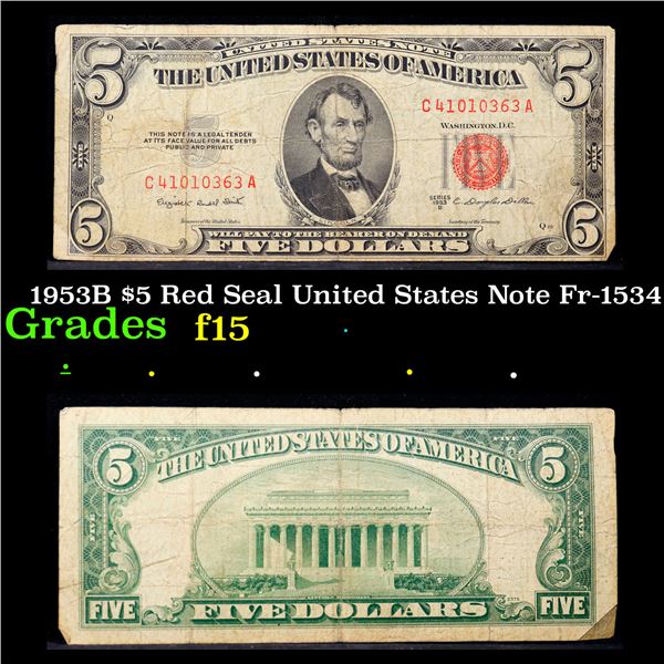 1953B $5 Red Seal United States Note Fr-1534 Grades f+