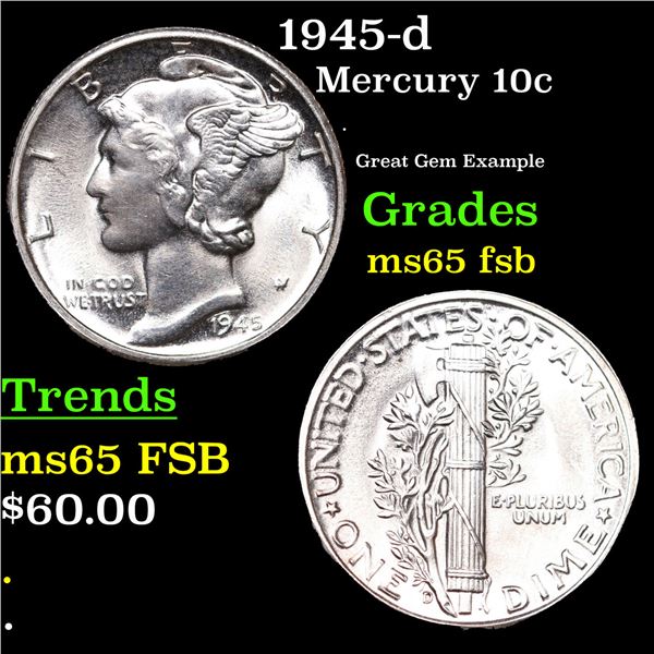 1945-d Mercury Dime 10c Grades GEM FSB