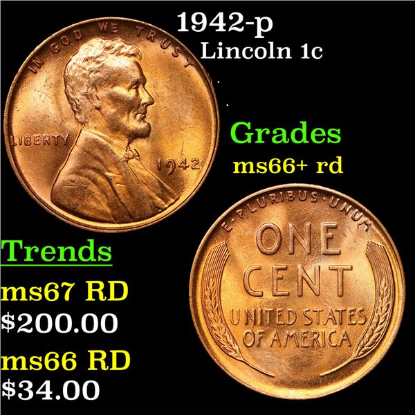 1942-p Lincoln Cent 1c Grades GEM++ RD